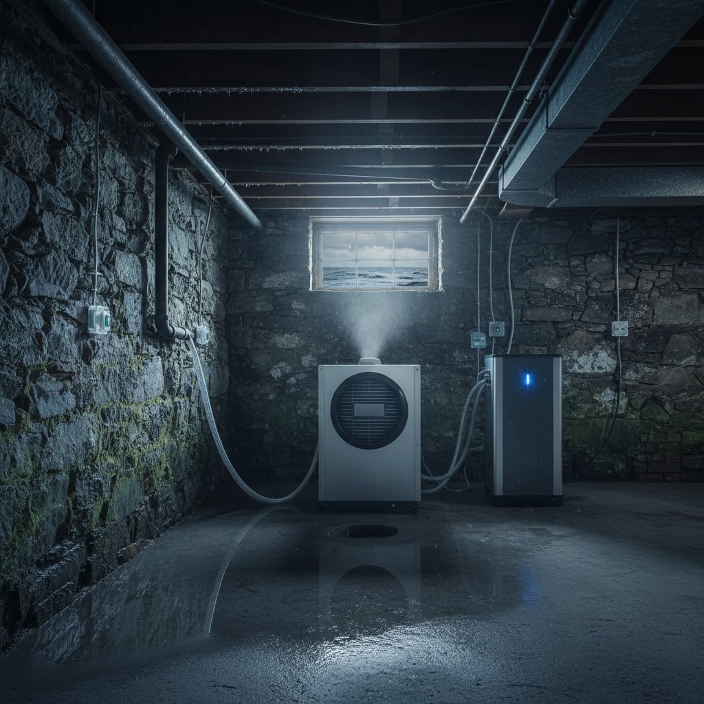 Portsmouth basement with professional mold prevention system and dehumidifier