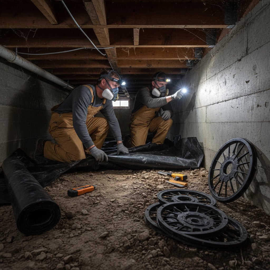 Professional contractor inspecting crawl space before vapor barrier installation