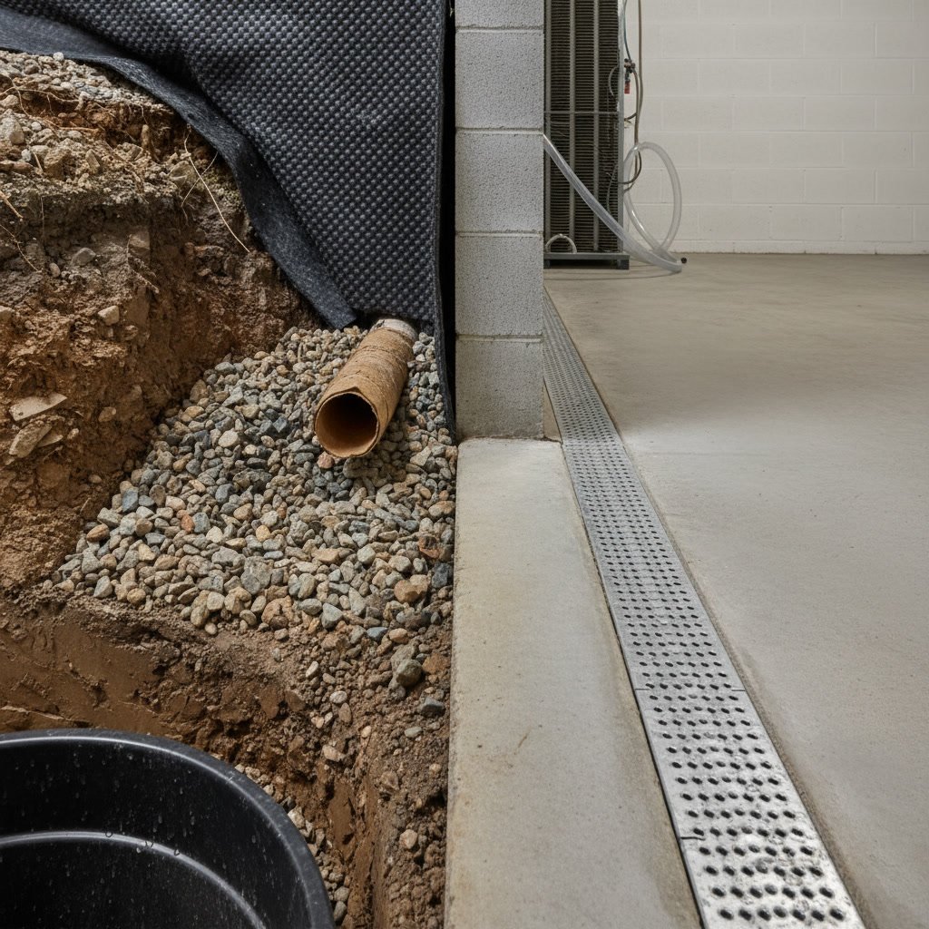 Vapor barrier and drainage system installation in Portsmouth coastal basement