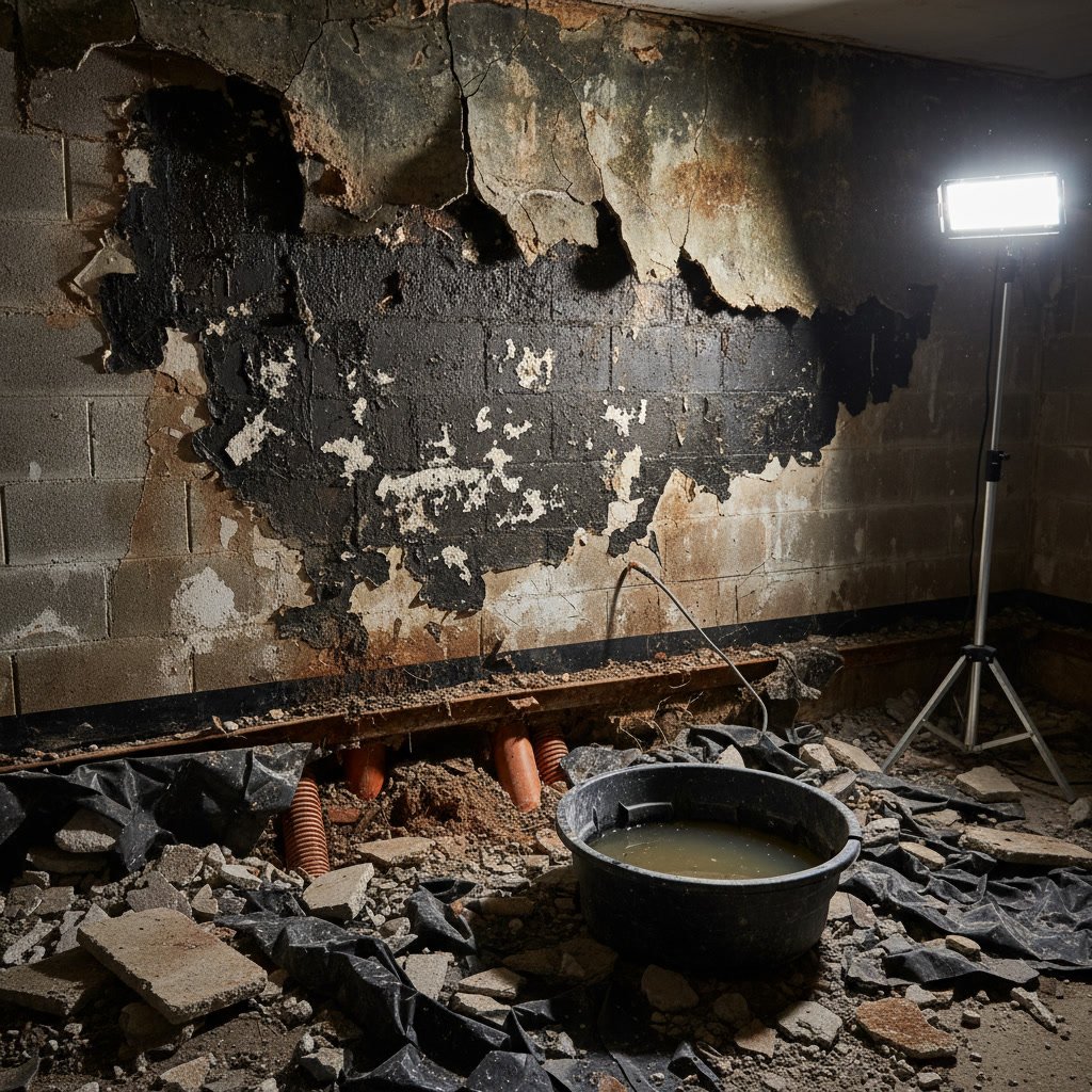 Removing old failed sump pump and drainage system during basement demo