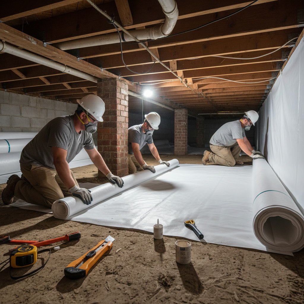Polyethylene vapor barrier being rolled across crawl space floor