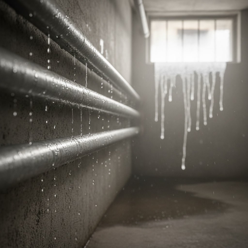 Professional whole-house basement dehumidification system installed with proper drainage connections