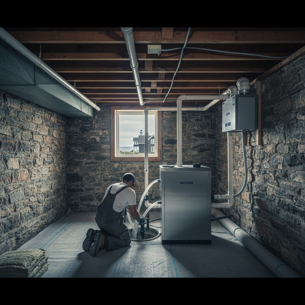 Professional dehumidification system protecting Portsmouth basement from ocean moisture
