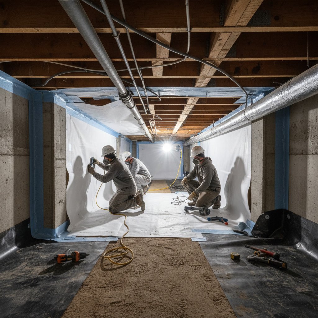 Sealed vapor barrier integrated with crawl space drainage system