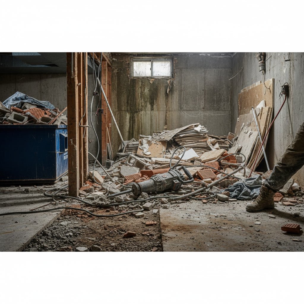 Professional basement demo and waterproofing preparation work in New Hampshire home