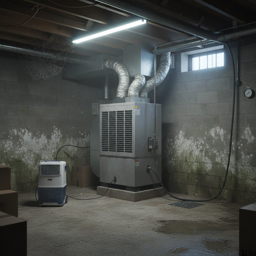 Permanent whole-house basement dehumidification system installation by New Hampshire waterproofing contractor