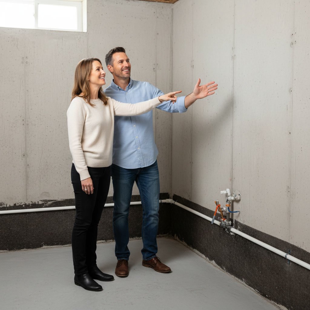 Waterproofed basement foundation wall and floor in Dover home
