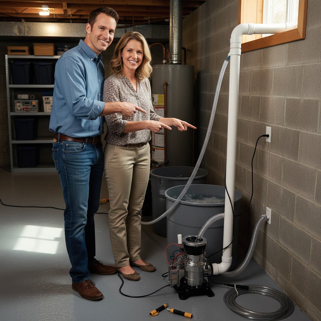 Basement drainage system and sump pump installation along foundation wall in Rye home