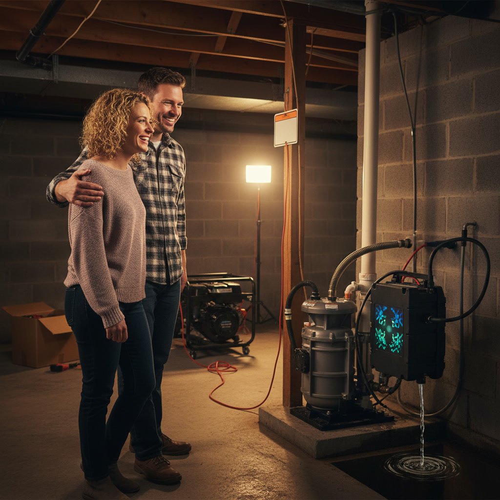 Installed sump pump and drainage system in dry Northwood basement