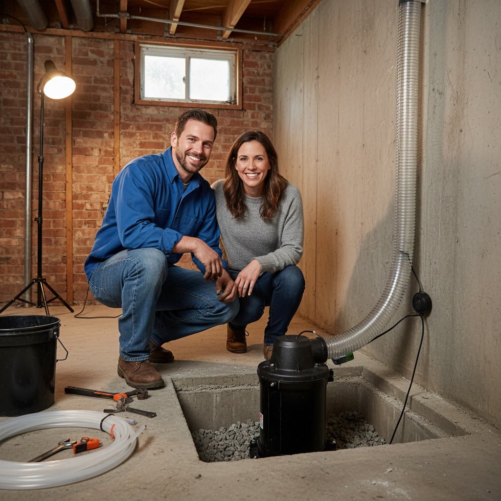 Sump pump installation in dry basement with drainage pipes and concrete floor