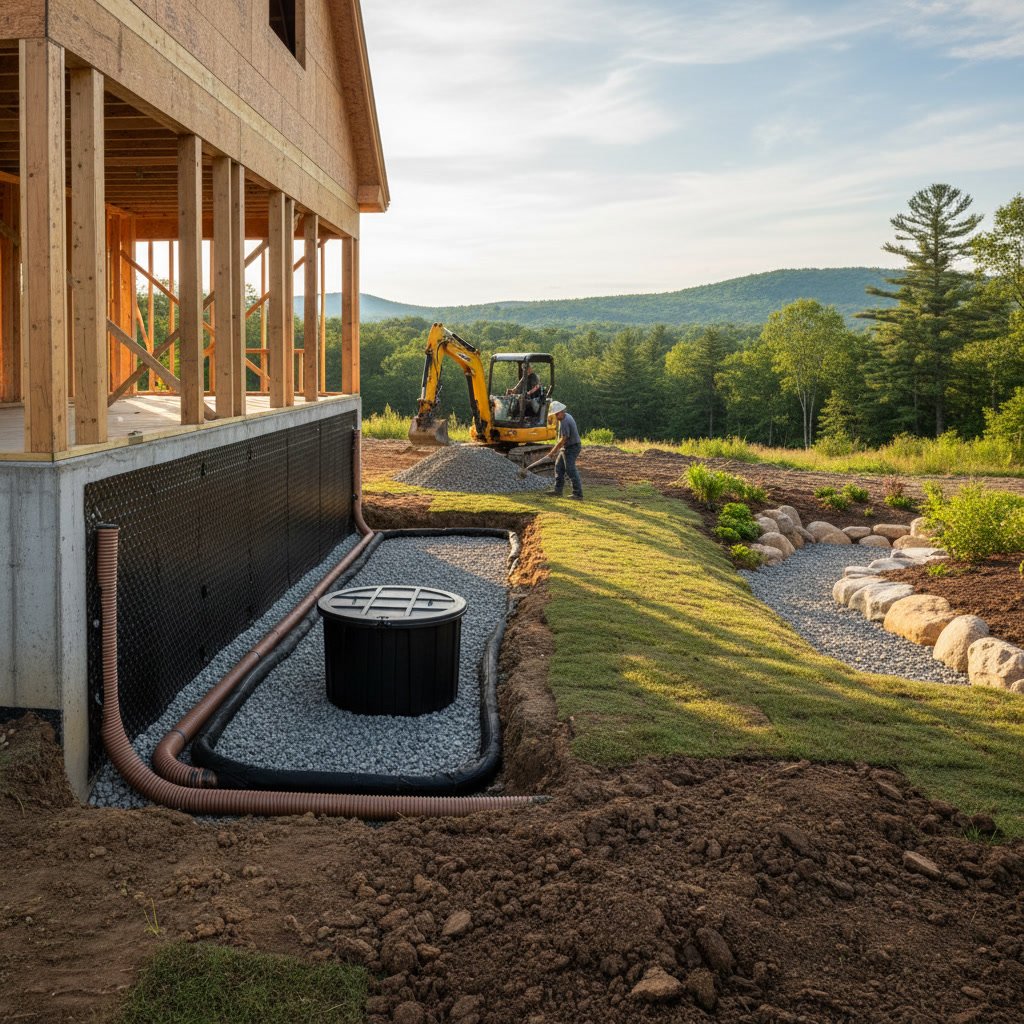 Exterior drainage system with downspout extensions preventing foundation water damage