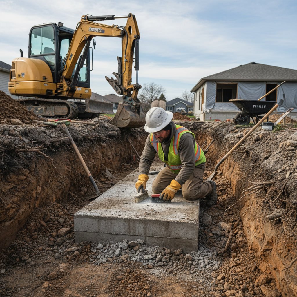 Perforated drainage pipe and stone being installed in basement trench
