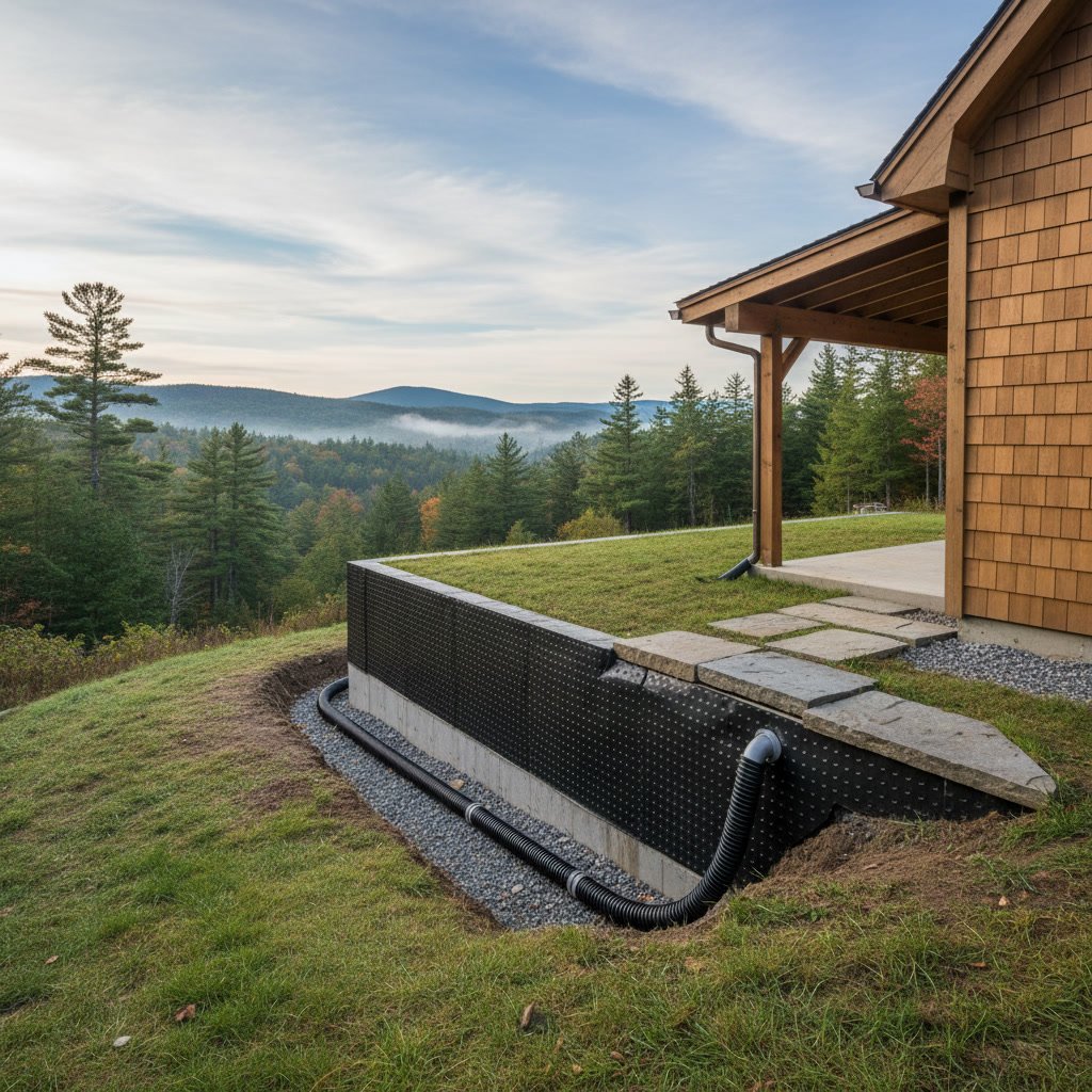 Foundation protected by comprehensive drainage system after New Hampshire rainfall