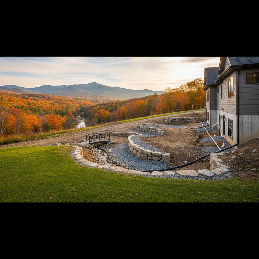 Properly installed drainage system protecting a New Hampshire home foundation