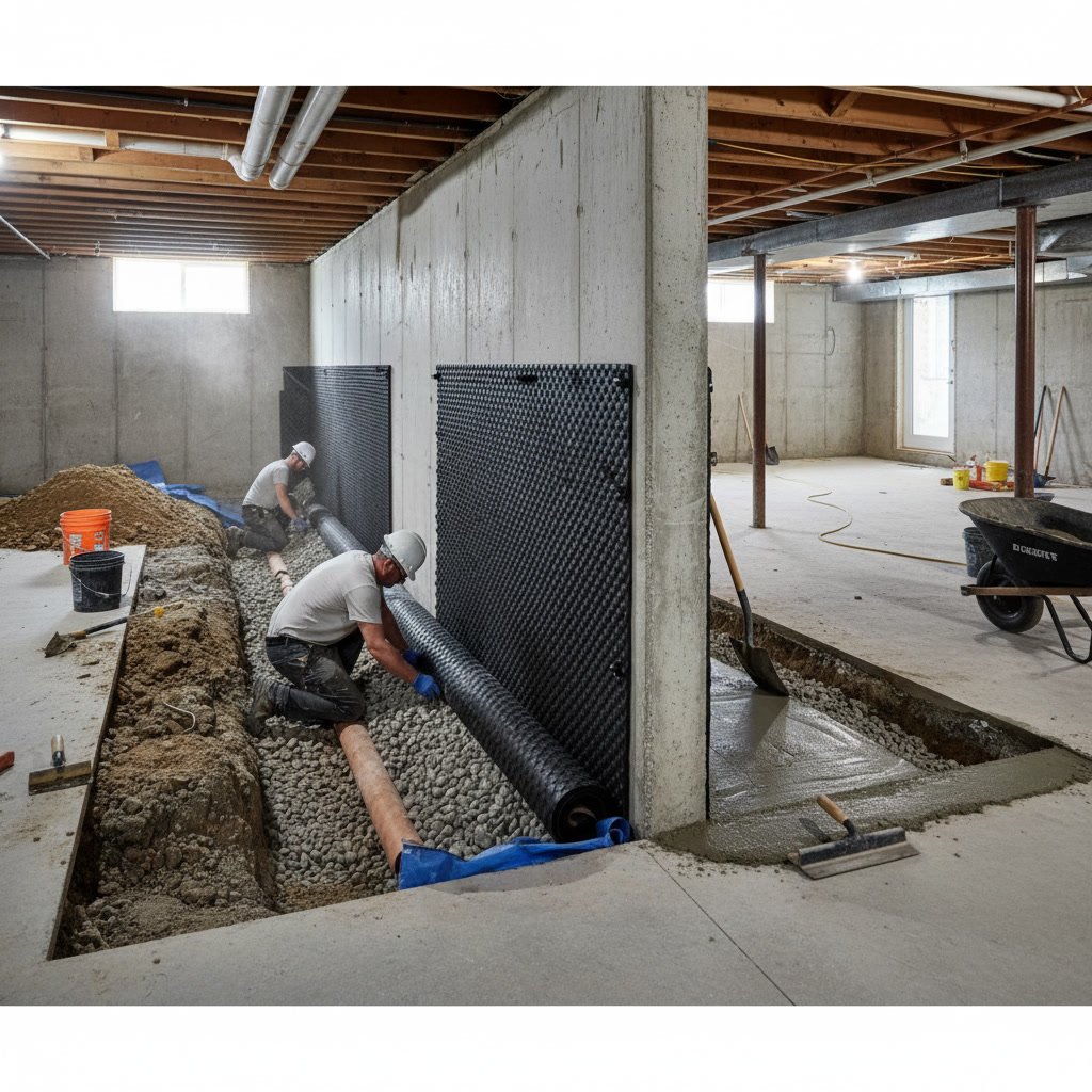Professional technician installing interior drainage system along basement foundation wall
