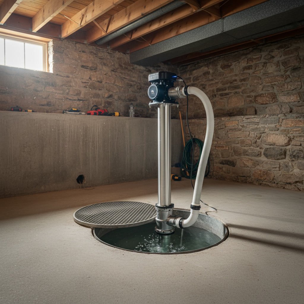 Pedestal sump pump with motor mounted above water basin in New Hampshire basement