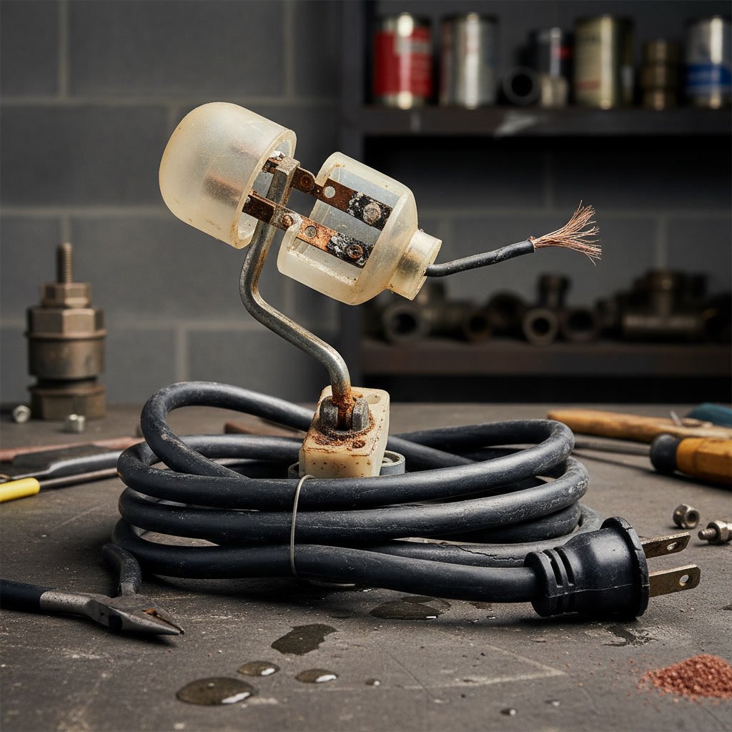 Mechanical float switch arm in sump pump basin showing potential jam points