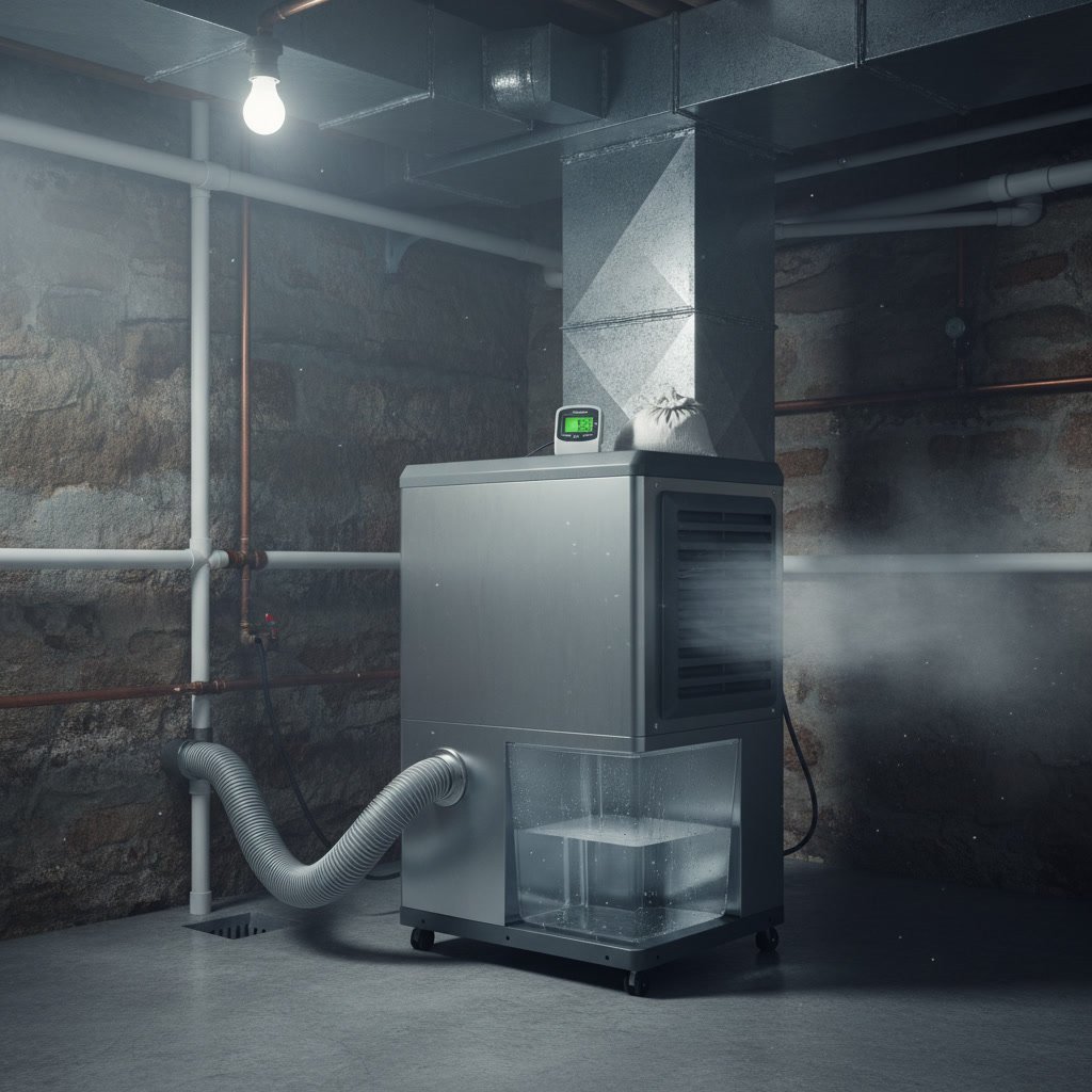 Crawl space dehumidifier installation with drainage system in New Hampshire home