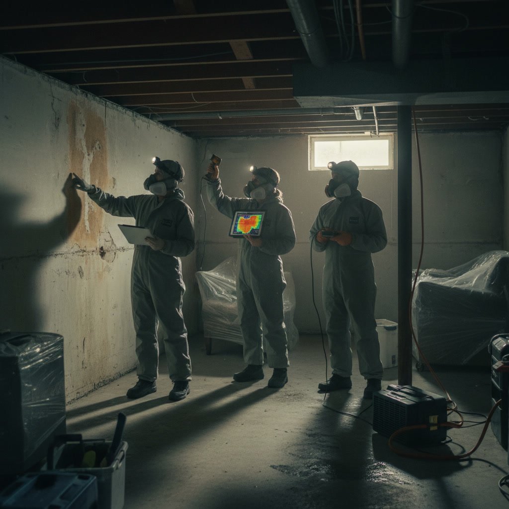 Professional contractor inspecting basement walls for moisture and mold growth