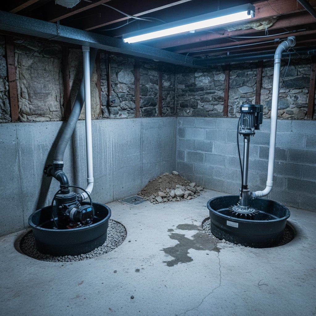 Submersible sump pump installed in deep basin with sealed cover