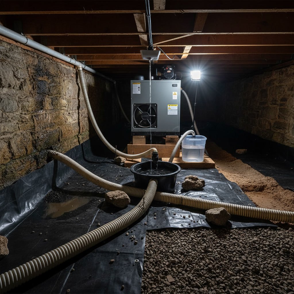 Basement dehumidifier system connected to drainage in residential foundation