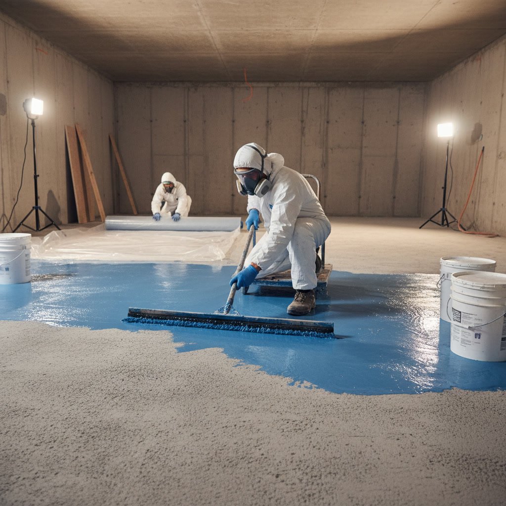 Thick vapor barrier being installed on basement foundation walls