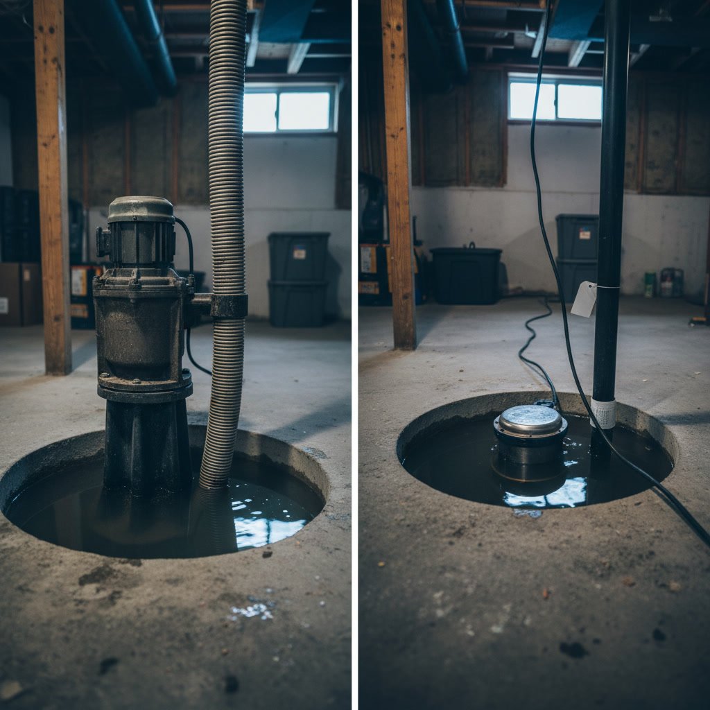 Comparison of pedestal and submersible sump pump installation in New Hampshire home
