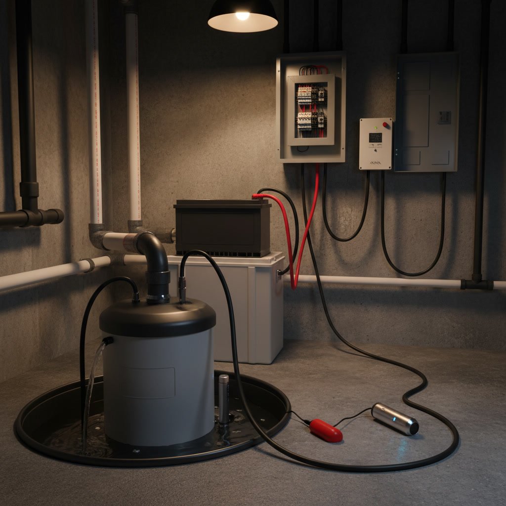 Dual switch sump pump system with float and electronic backup sensors