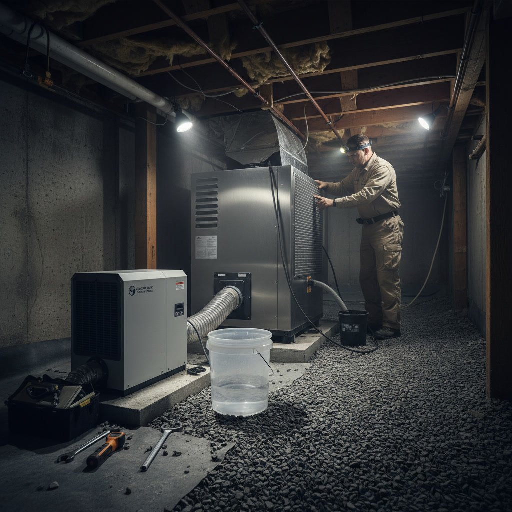 Professional moisture control equipment protecting New Hampshire crawl space foundation