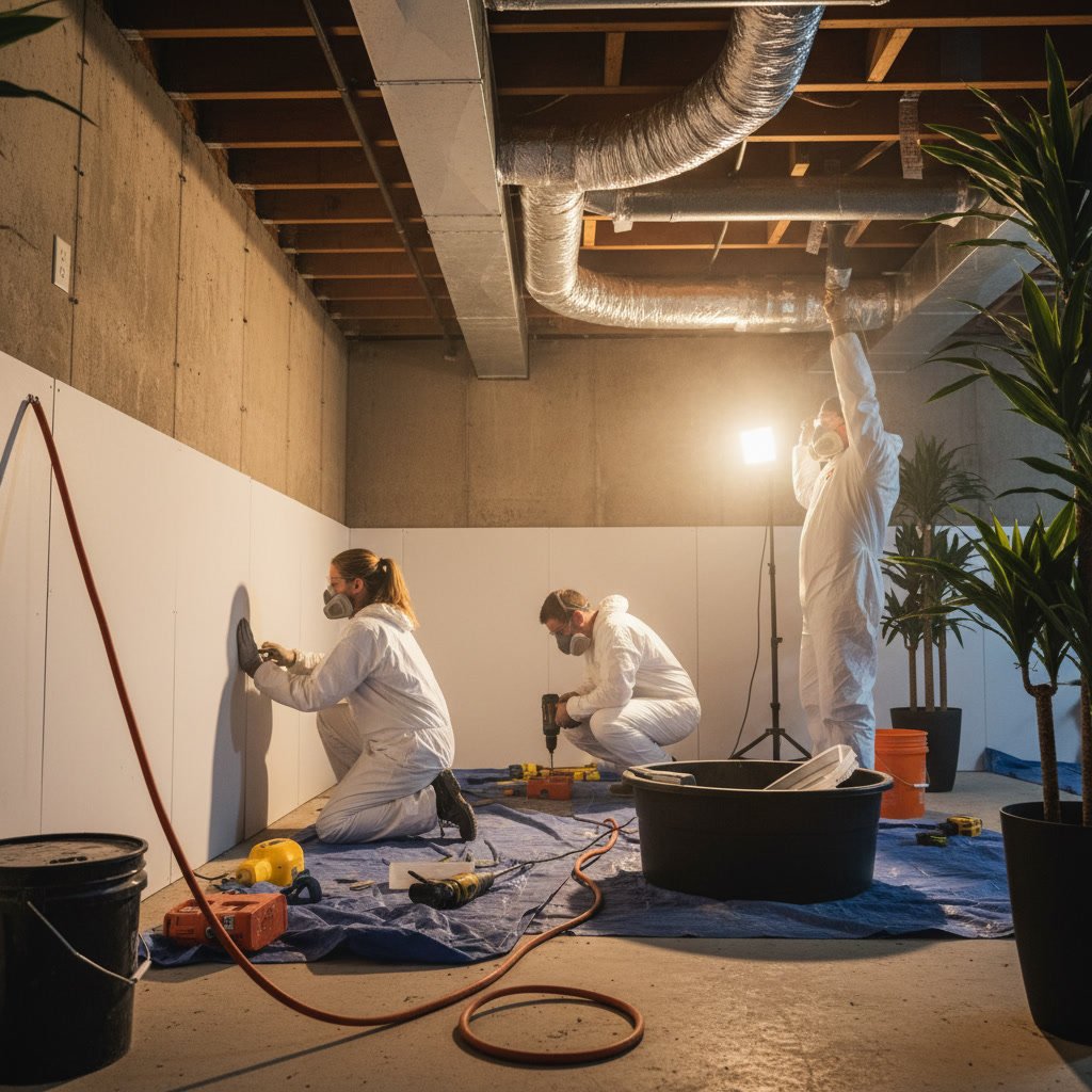 Complete mold prevention system with dehumidifier and drainage in basement