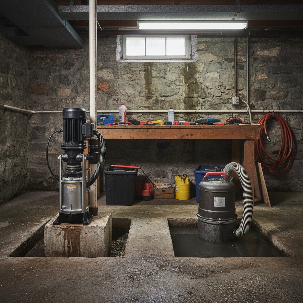 Pedestal and submersible sump pumps side by side in New Hampshire basement