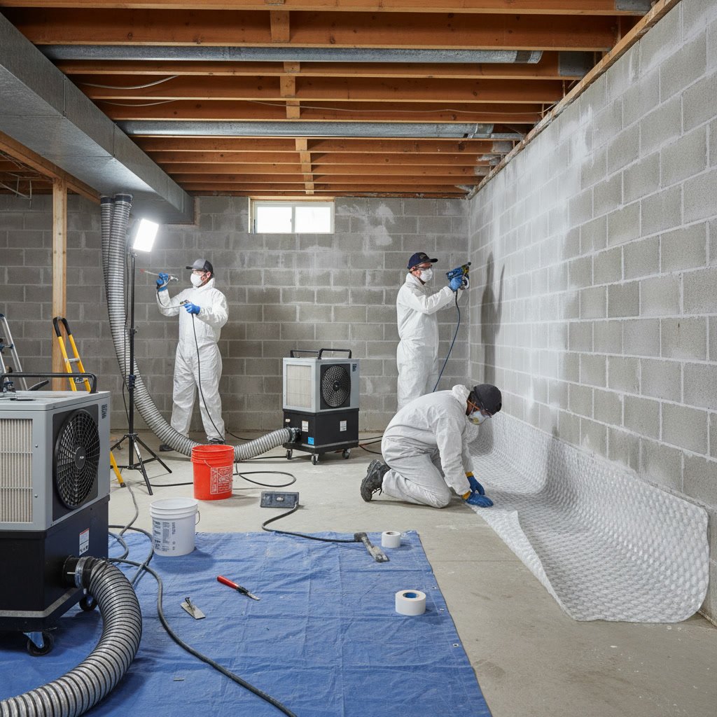 Professional technician installing mold prevention system in residential basement