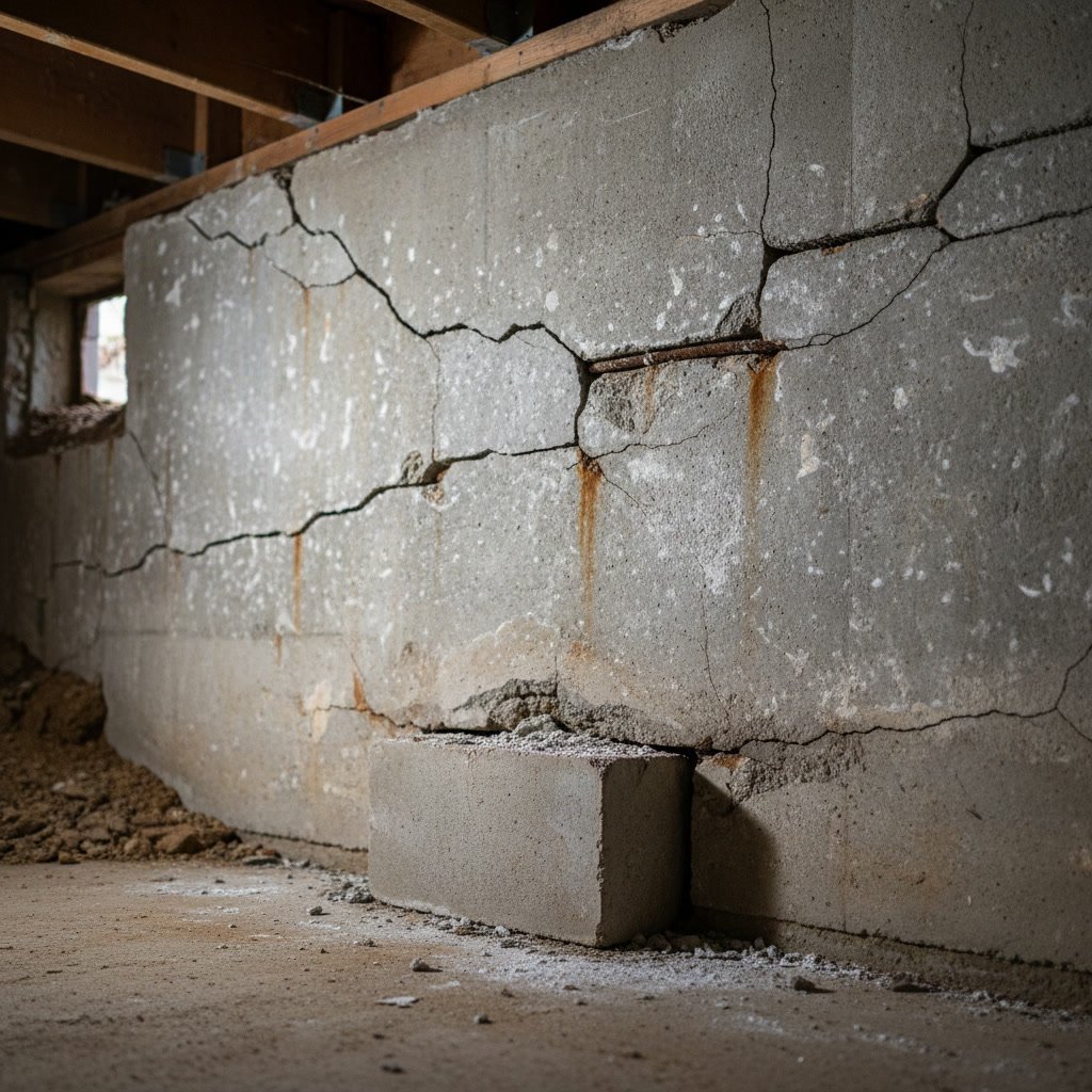 Foundation wall with extensive cracking requiring demolition before basement waterproofing