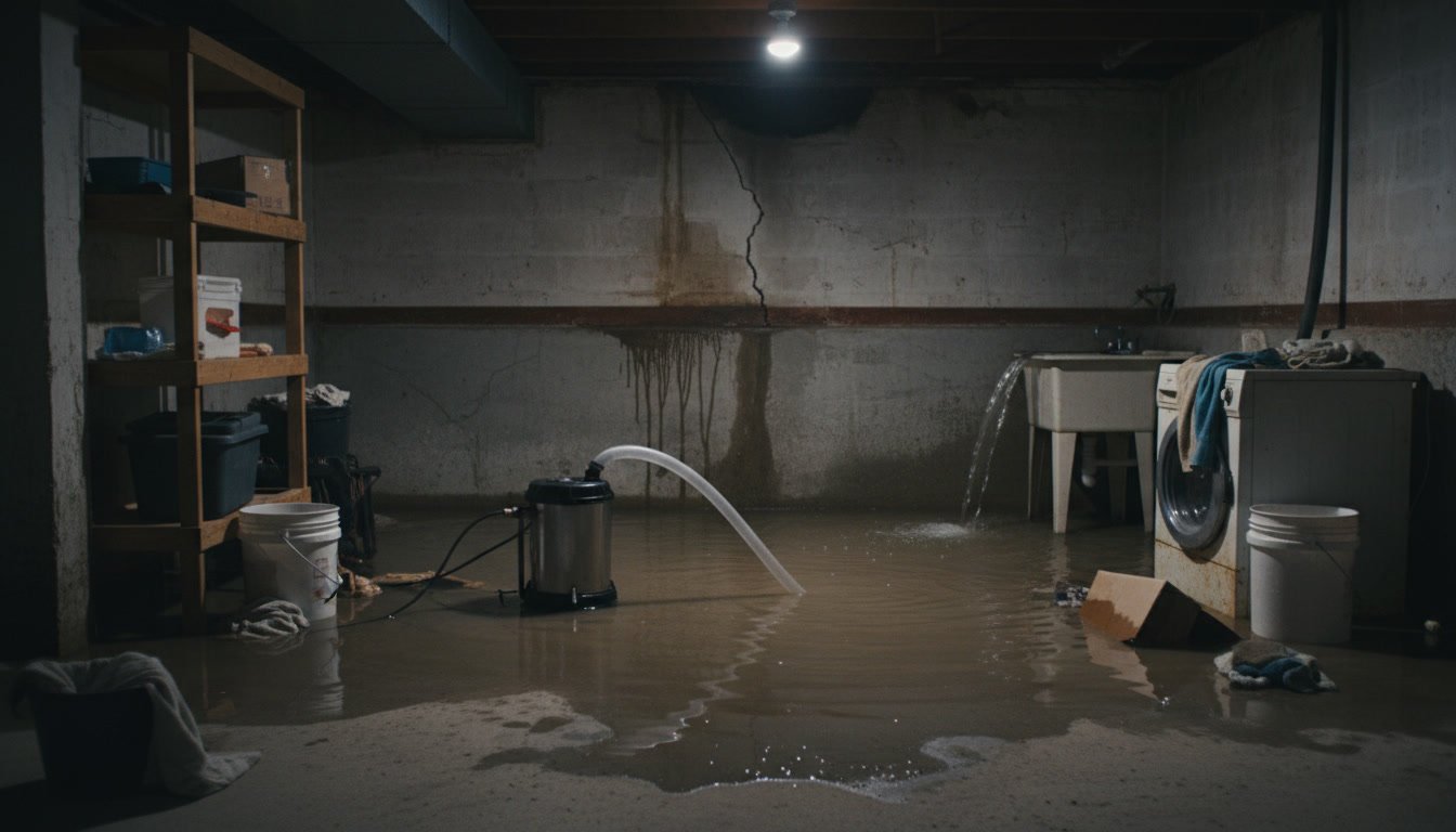 Basement wall showing water seepage and staining despite functioning sump pump