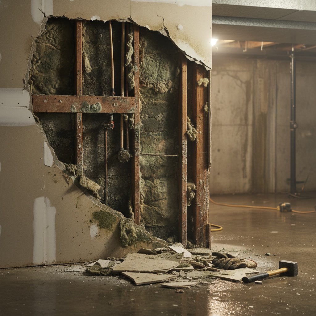Mold damaged drywall removal in basement before waterproofing installation