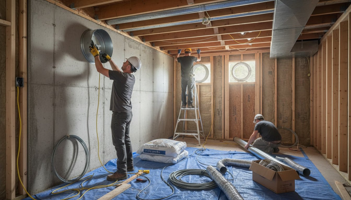 Basement ventilation duct installation showing proper sealing and mounting techniques
