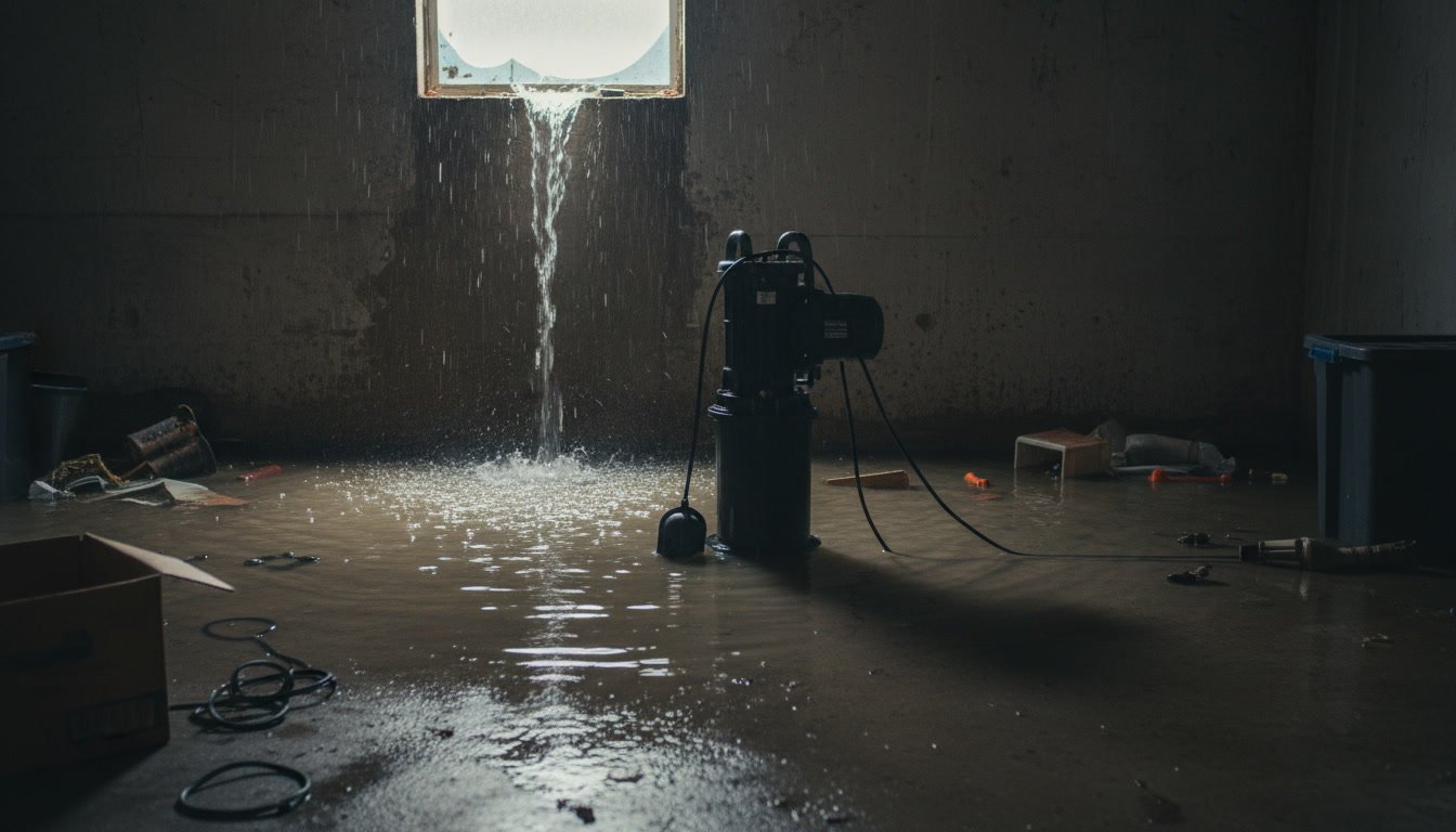 Foundation perimeter showing water pooling near basement walls during rainfall