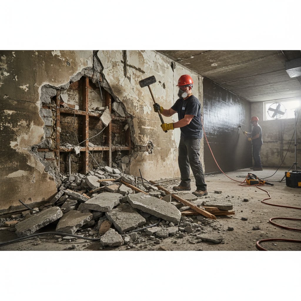 Clean basement after professional demolition ready for waterproofing system installation