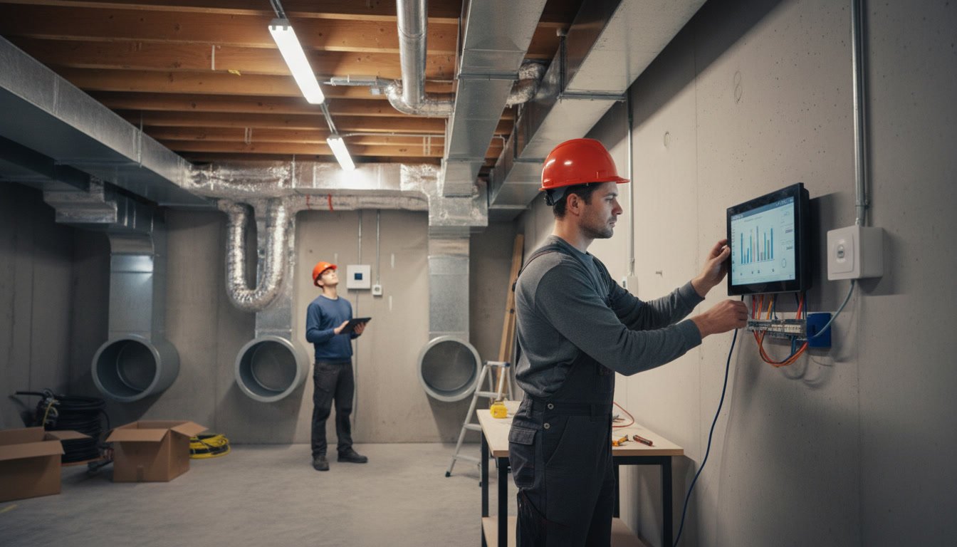 Technician balancing airflow rates during final basement ventilation system testing