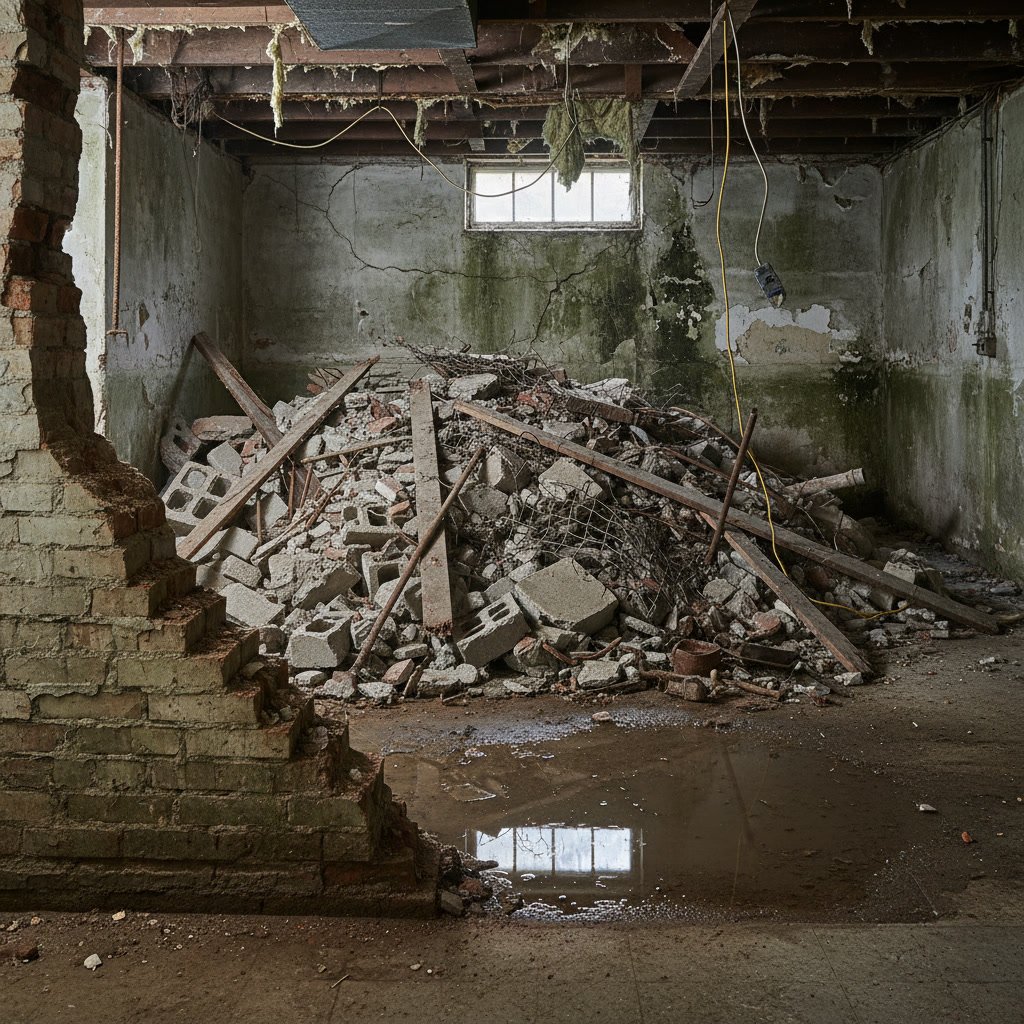 Professional basement demolition work in progress before waterproofing installation