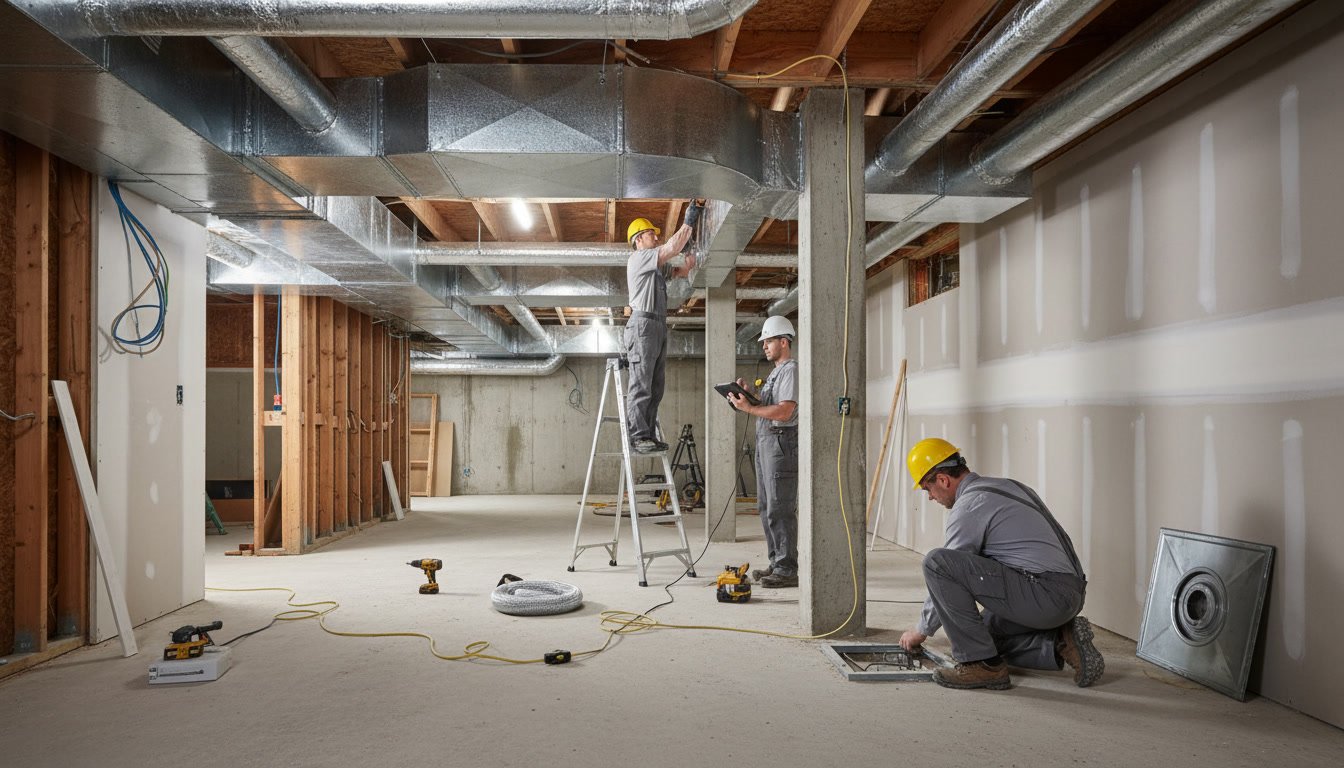 Professional basement ventilation system installation showing ductwork and equipment setup