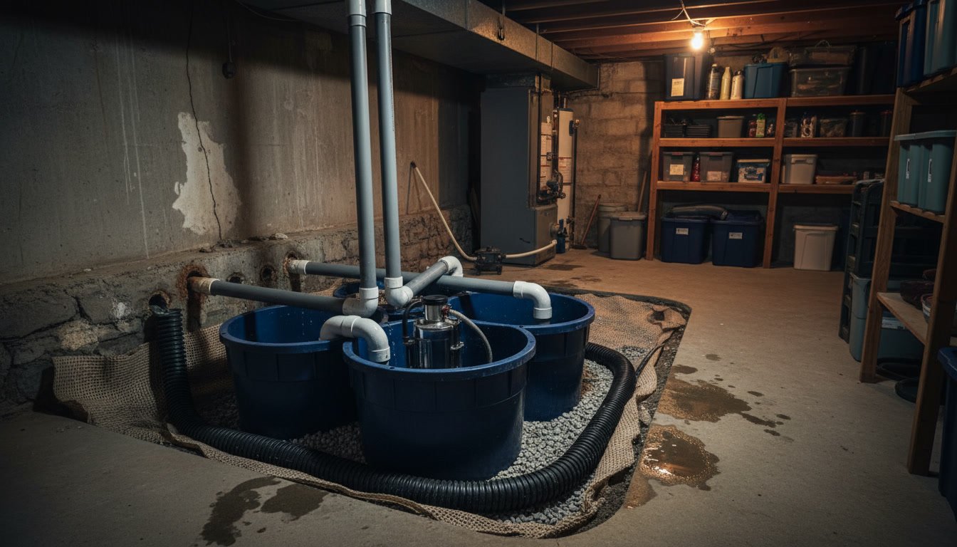Basement showing signs of water damage and inadequate drainage system